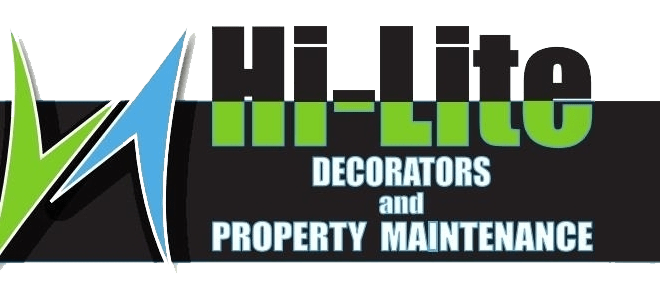 Hi-Lite Decorators and Property Maintenance logo with blue and gree graphics with a black background and white out writing